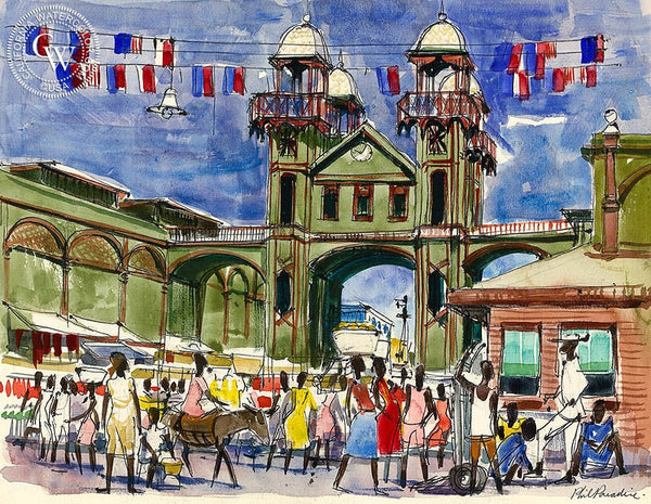 Haiti, Downtown, 1954, California art by Phil Paradise. HD giclee art prints for sale at CaliforniaWatercolor.com - original California paintings, & premium giclee prints for sale