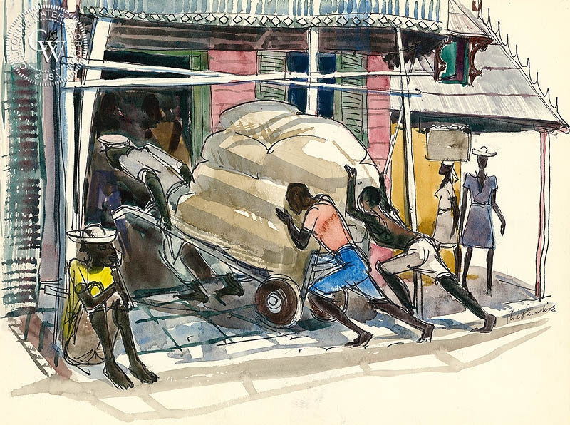Haiti, Movers, 1954, watercolor painting by Phil Paradise  (American art). Fine art giclée print reproduction by California Watercolor for wall decor.