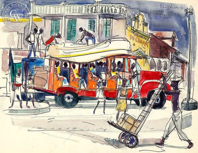 Haiti, Old Bus, 1954, watercolor painting by Phil Paradise  (American art). Fine art giclée print reproduction by California Watercolor for wall decor.