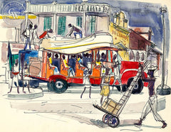 Haiti, Old Bus, 1954, California art by Phil Paradise. HD giclee art prints for sale at CaliforniaWatercolor.com - original California paintings, & premium giclee prints for sale