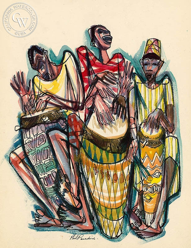 Haiti, Rhythm, 1954, watercolor painting by Phil Paradise  (American art). Fine art giclée print reproduction by California Watercolor for wall decor.