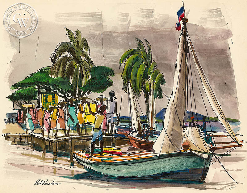 Haiti, Traders, 1954, watercolor painting by Phil Paradise  (American art). Fine art giclée print reproduction by California Watercolor for wall decor.