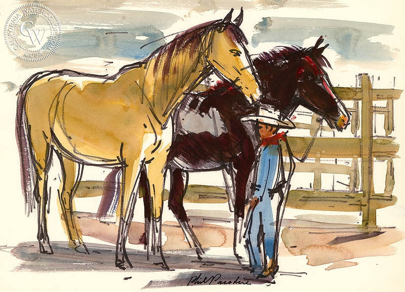 Ranch Studies, 1952, watercolor painting by Phil Paradise  (American art). Fine art giclée print reproduction by California Watercolor for wall decor.