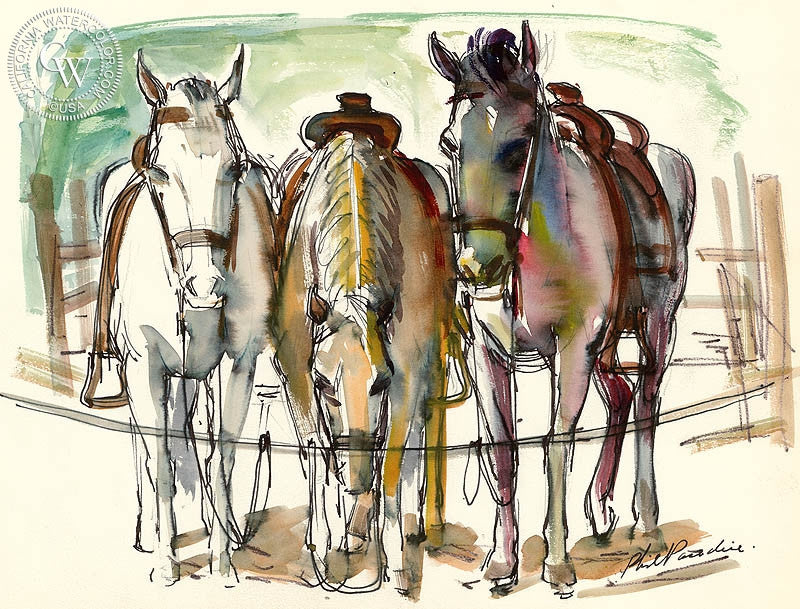 Ranch Studies 8, 1952, watercolor painting by Phil Paradise  (American art). Fine art giclée print reproduction by California Watercolor for wall decor.