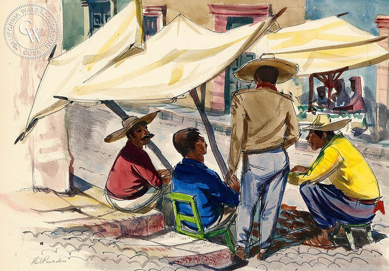 San Miguel de Allende, Conversation, 1953, watercolor painting by Phil Paradise  (American art). Fine art giclée print reproduction by California Watercolor for wall decor.