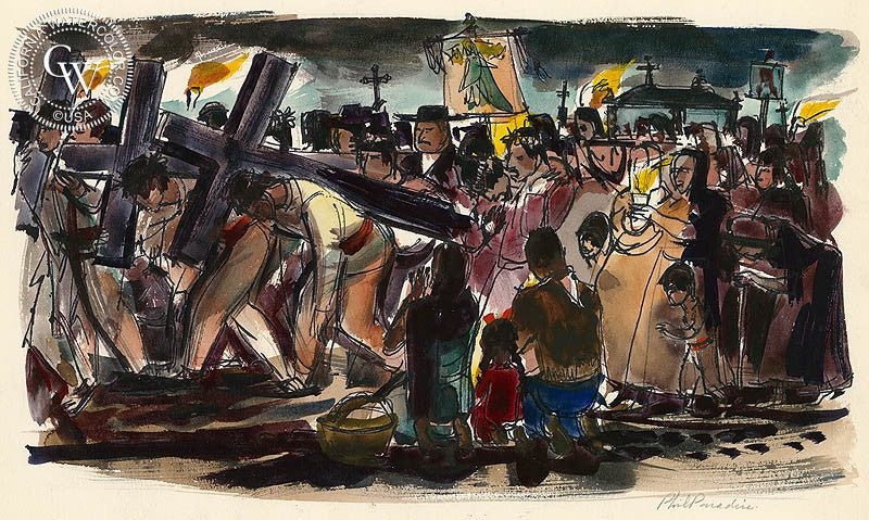 San Miguel de Allende, Crosses, 1953, watercolor painting by Phil Paradise  (American art). Fine art giclée print reproduction by California Watercolor for wall decor.