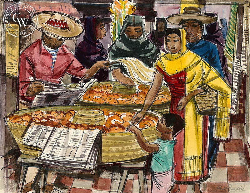 San Miguel de Allende, Market Scene, 1953, watercolor painting by Phil Paradise  (American art). Fine art giclée print reproduction by California Watercolor for wall decor.