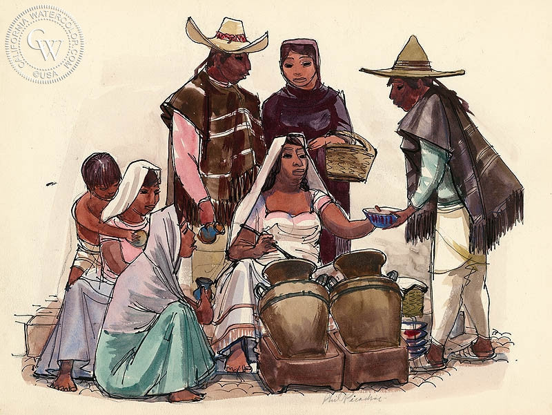 San Miguel de Allende, Market Scene 2, 1953, watercolor painting by Phil Paradise  (American art). Fine art giclée print reproduction by California Watercolor for wall decor.