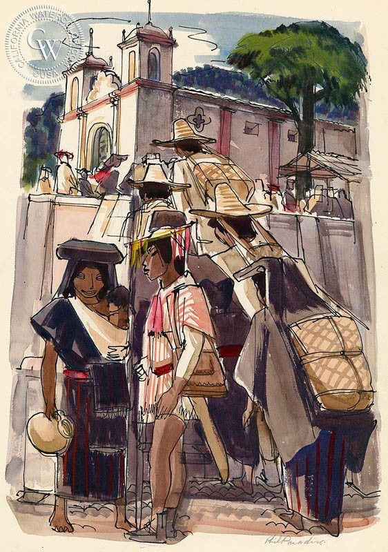 San Miguel de Allende, Mission, 1953, watercolor painting by Phil Paradise  (American art). Fine art giclée print reproduction by California Watercolor for wall decor.