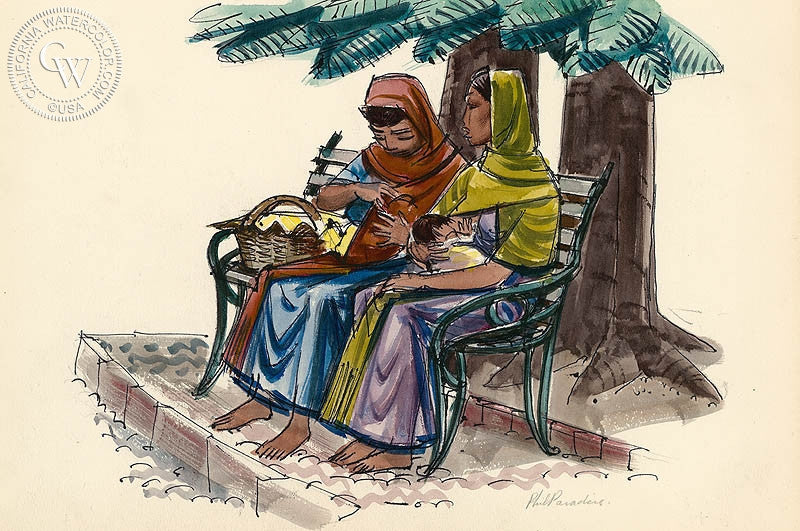 San Miguel de Allende, Women on Bench, 1953, watercolor painting by Phil Paradise  (American art). Fine art giclée print reproduction by California Watercolor for wall decor.