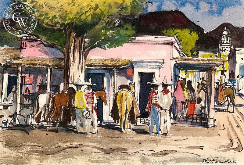 Horse Town, Alamos, Sonora, 1951, watercolor art by Phil Paradise