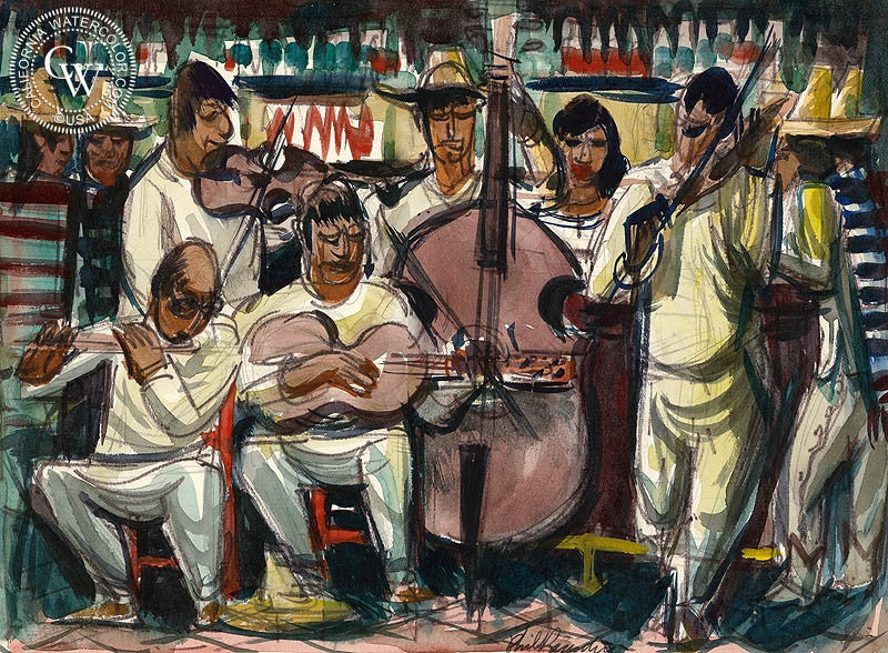 Sonora, Mariachi, 1951, watercolor painting by Phil Paradise  (American art). Fine art giclée print reproduction by California Watercolor for wall decor.