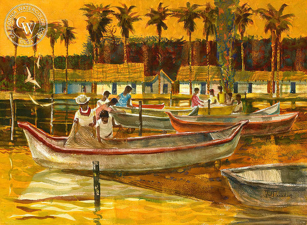 Untitled Caribbean Fishing Village, 1950, California watercolor art by Phil Paradise. HD giclee art prints for sale at CaliforniaWatercolor.com - original California paintings, & premium giclee prints for sale