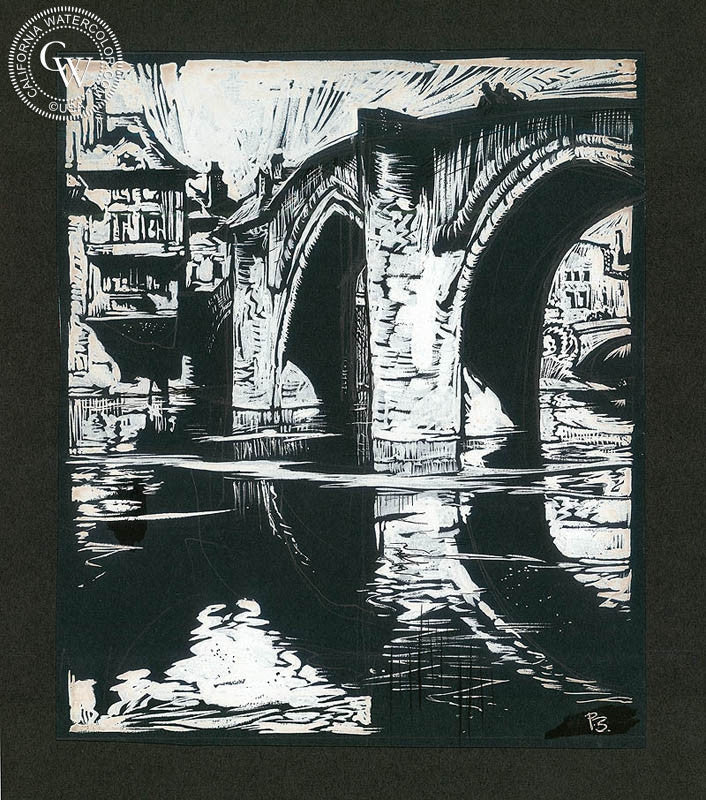 Arched Bridge, watercolor painting by Preston Blair  (American art). Fine art giclée print reproduction by California Watercolor for wall decor.