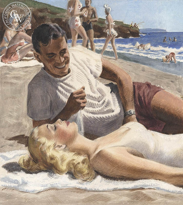 Beach Day, watercolor painting by Preston Blair  (American art). Fine art giclée print reproduction by California Watercolor for wall decor.