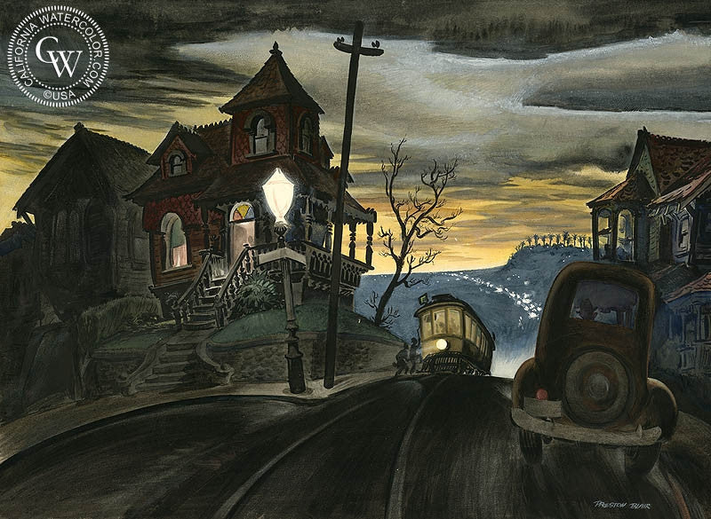 Bunker Hill Cable Car, 1938, watercolor painting by Preston Blair  (American art). Fine art giclée print reproduction by California Watercolor for wall decor.