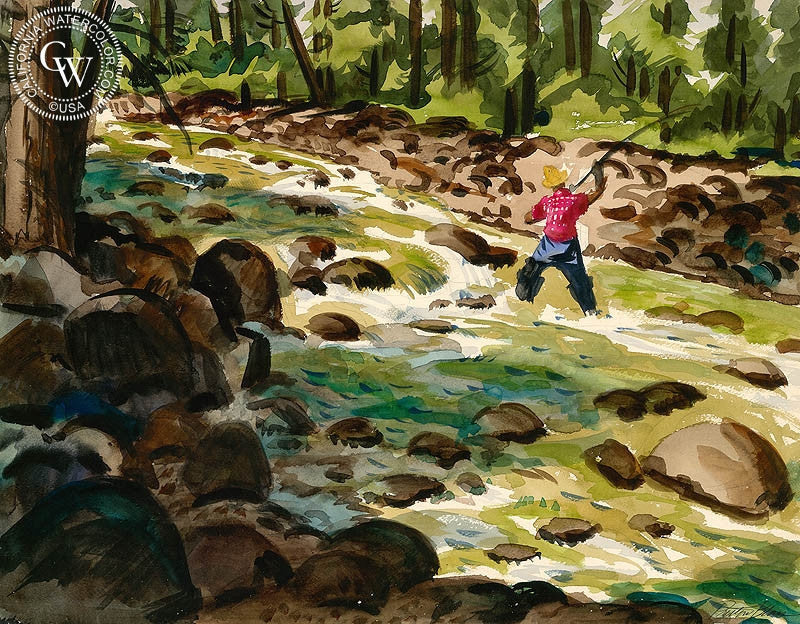 Fly Fishing, watercolor painting by Preston Blair  (American art). Fine art giclée print reproduction by California Watercolor for wall decor.
