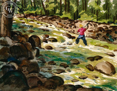 Fly Fishing, California art by Preston Blair. HD giclee art prints for sale at CaliforniaWatercolor.com - original California paintings, & premium giclee prints for sale