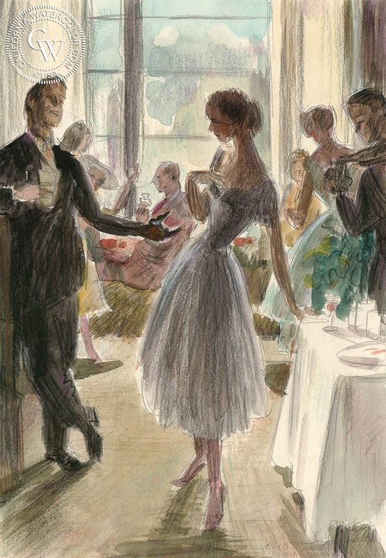 Formal Occasion, watercolor painting by Preston Blair  (American art). Fine art giclée print reproduction by California Watercolor for wall decor.