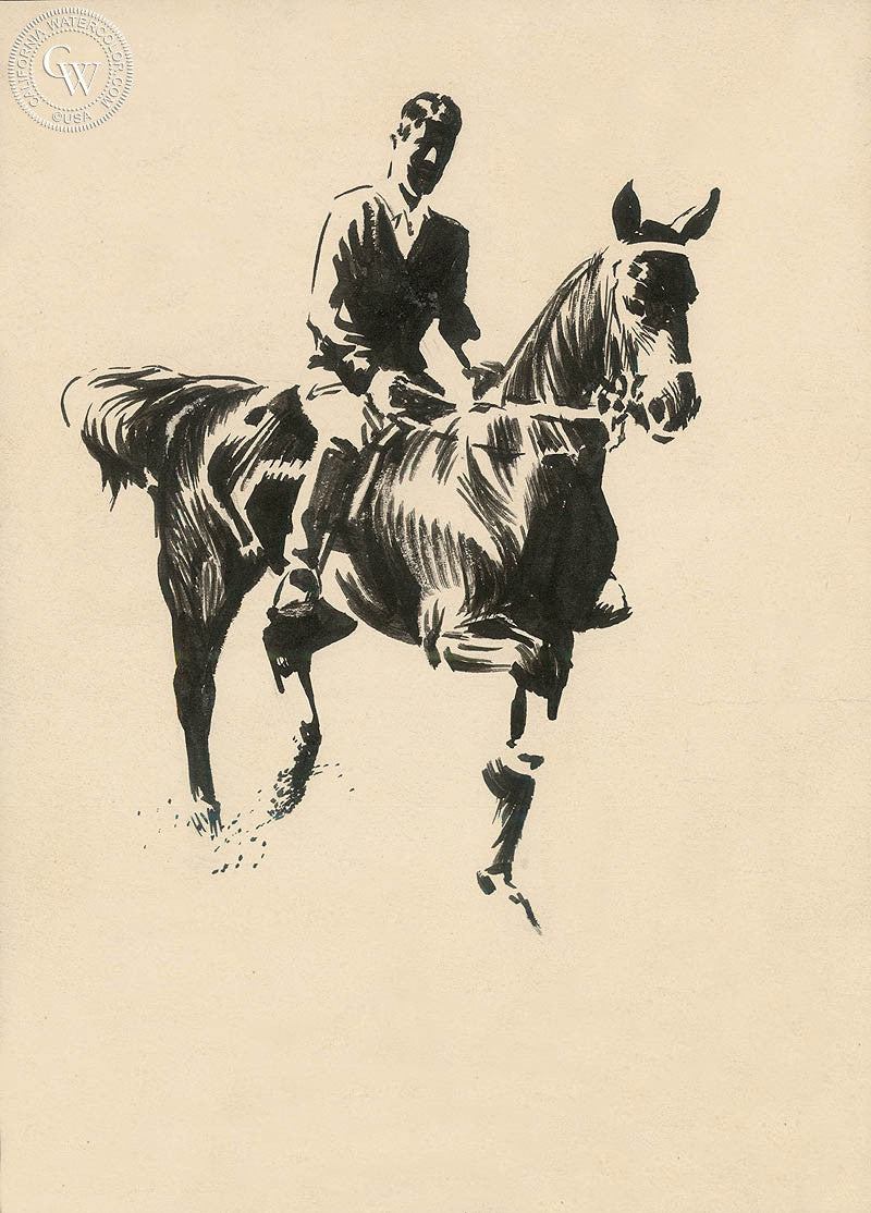 Horse & Rider, watercolor painting by Preston Blair  (American art). Fine art giclée print reproduction by California Watercolor for wall decor.