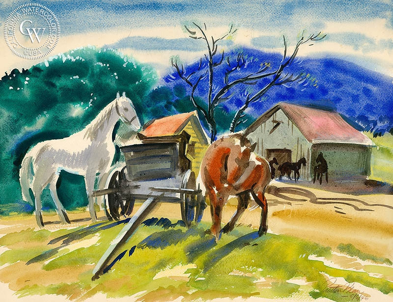 Horses, 1946, watercolor painting by Preston Blair  (American art). Fine art giclée print reproduction by California Watercolor for wall decor.