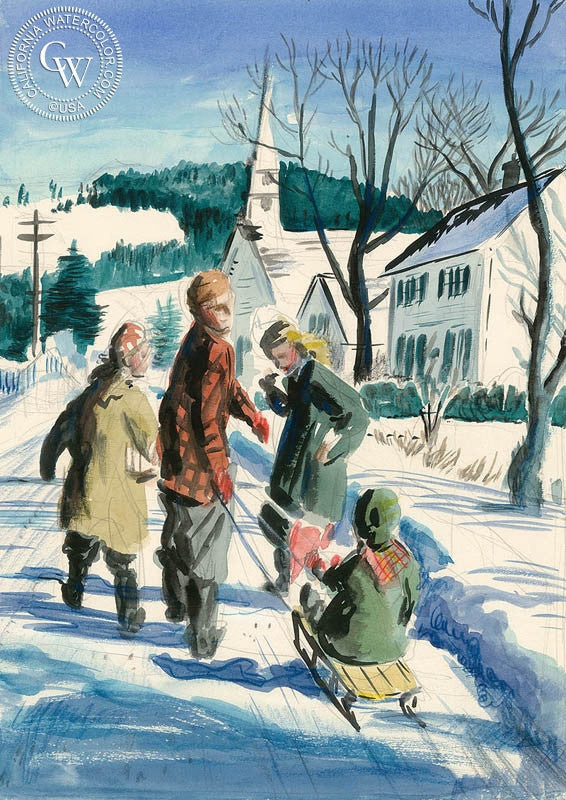 Sledding, watercolor painting by Preston Blair  (American art). Fine art giclée print reproduction by California Watercolor for wall decor.