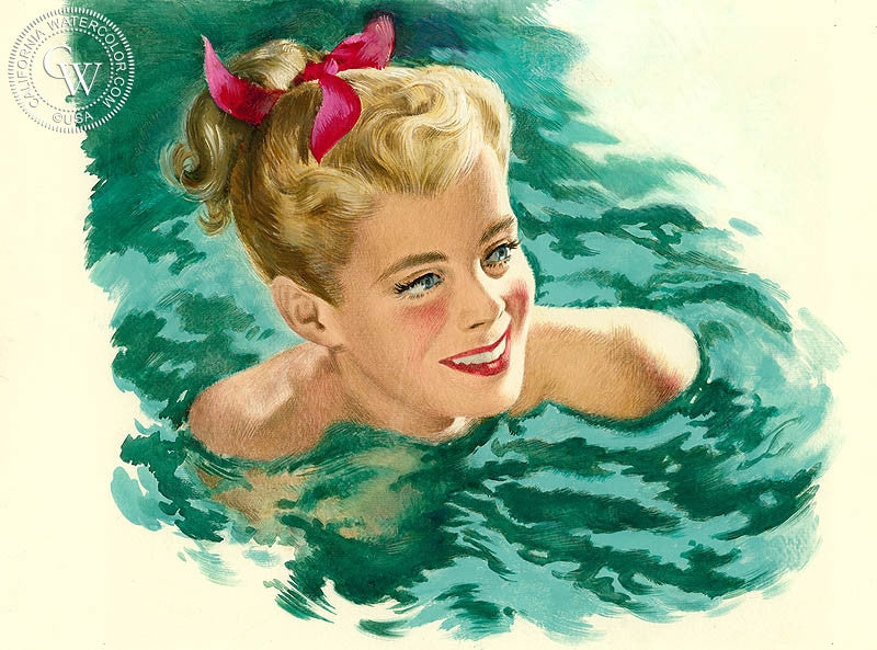 Swimming, watercolor painting by Preston Blair  (American art). Fine art giclée print reproduction by California Watercolor for wall decor.
