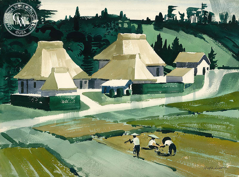 Rice Planting, watercolor painting by Ralph Hulett  (American art). Fine art giclée print reproduction by California Watercolor for wall decor.