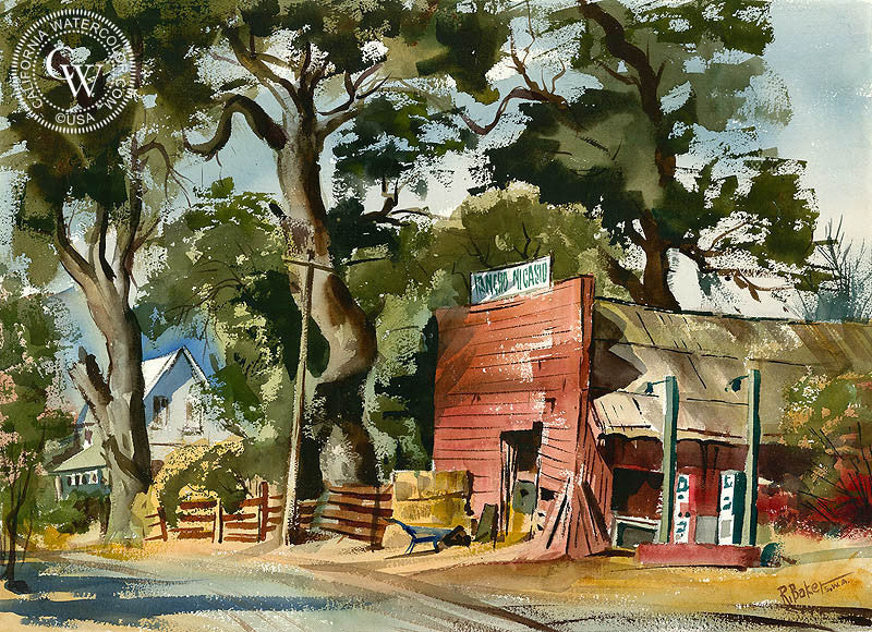 Country Stop, watercolor painting by Ralph Baker  (American art). Fine art giclée print reproduction by California Watercolor for wall decor.