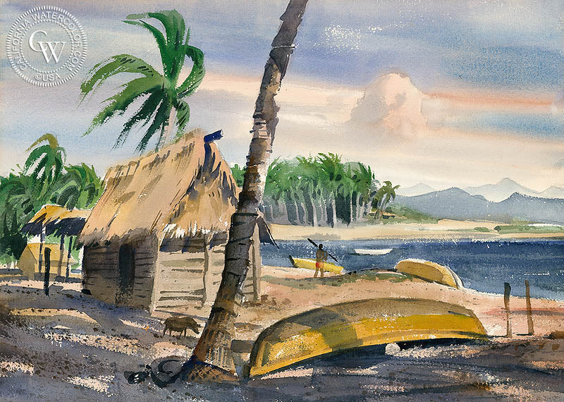 Beach at Puerto Vallarta, watercolor painting by Ralph Hulett  (American art). Fine art giclée print reproduction by California Watercolor for wall decor.