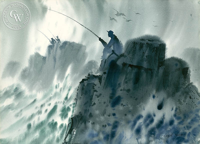 The Fisherman, watercolor painting by Ralph Hulett  (American art). Fine art giclée print reproduction by California Watercolor for wall decor.