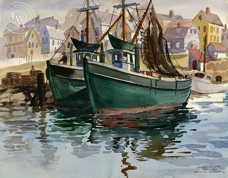 Longs Wharf, 1946, watercolor painting by Ralph Hulett  (American art). Fine art giclée print reproduction by California Watercolor for wall decor.
