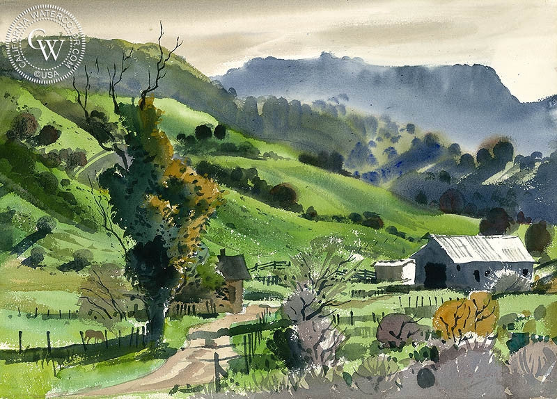 Spring Hills Near Cambria, watercolor painting by Ralph Hulett  (American art). Fine art giclée print reproduction by California Watercolor for wall decor.