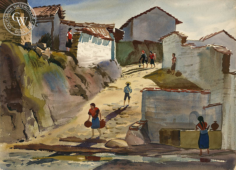 The Well, watercolor painting by Ralph Hulett  (American art). Fine art giclée print reproduction by California Watercolor for wall decor.