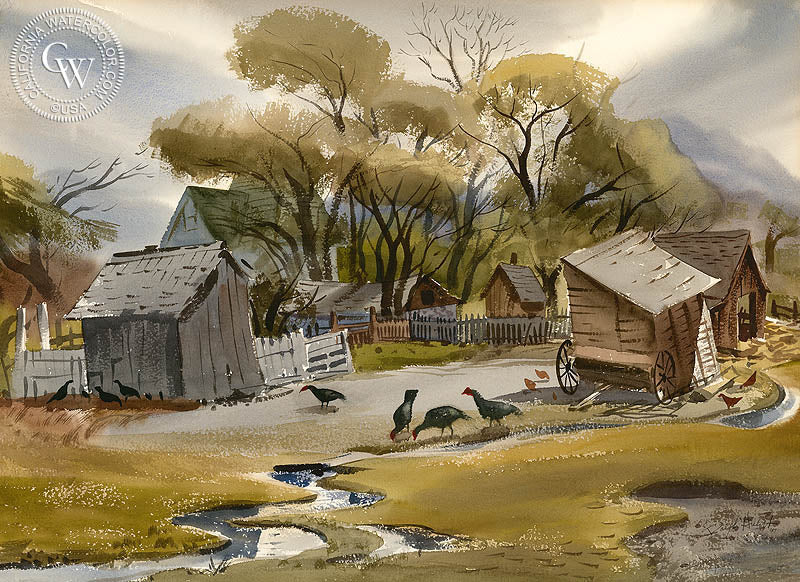 Turkey Farm, 1947, watercolor painting by Ralph Hulett  (American art). Fine art giclée print reproduction by California Watercolor for wall decor.
