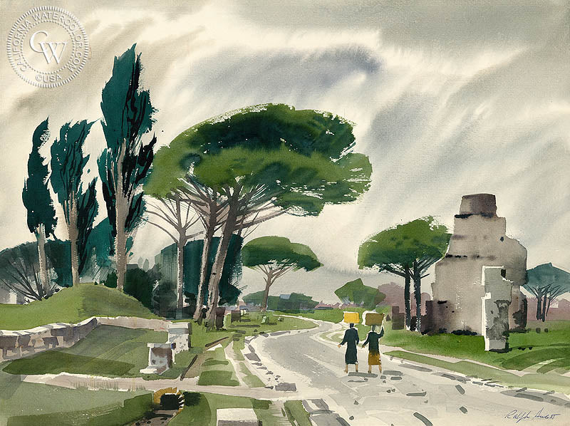Via Appia, watercolor painting by Ralph Hulett  (American art). Fine art giclée print reproduction by California Watercolor for wall decor.