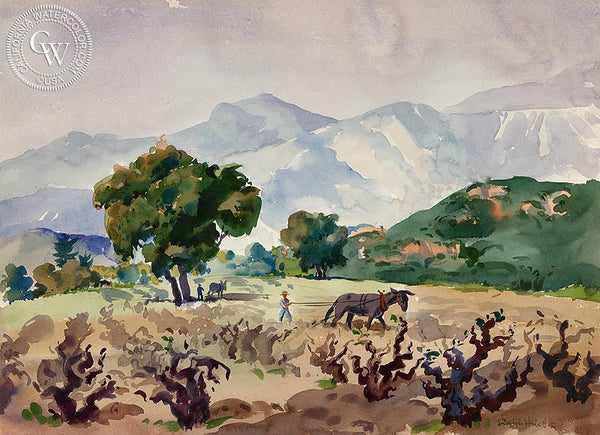 View of the Grape Vineyards, 1944, California art by Ralph Hulett. HD giclee art prints for sale at CaliforniaWatercolor.com - original California paintings, & premium giclee prints for sale