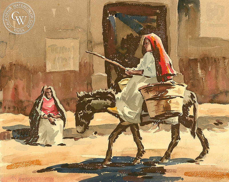 Going to Market, 1943, watercolor painting by Raymon Price  (American art). Fine art giclée print reproduction by California Watercolor for wall decor.