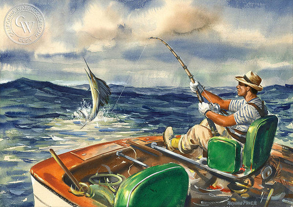 Sport Fishing, California art by Raymon Price. HD giclee art prints for sale at CaliforniaWatercolor.com - original California paintings, & premium giclee prints for sale
