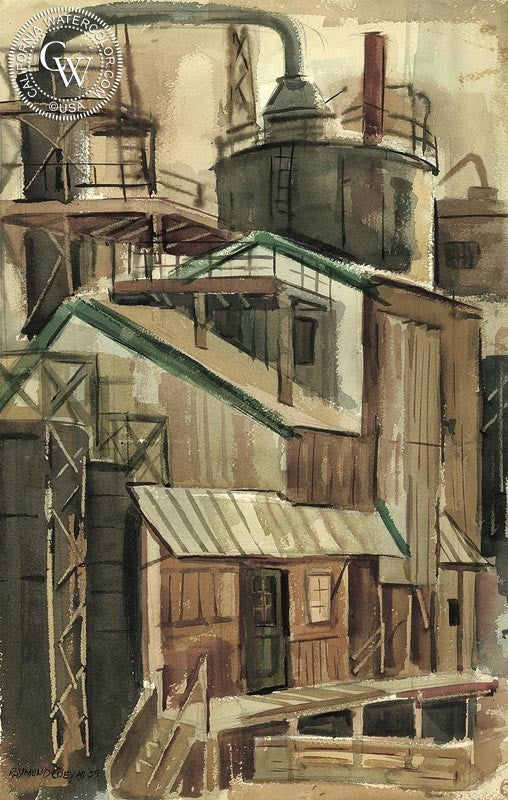 Factory, 1959, watercolor painting by Raymond Cuevas  (American art). Fine art giclée print reproduction by California Watercolor for wall decor.