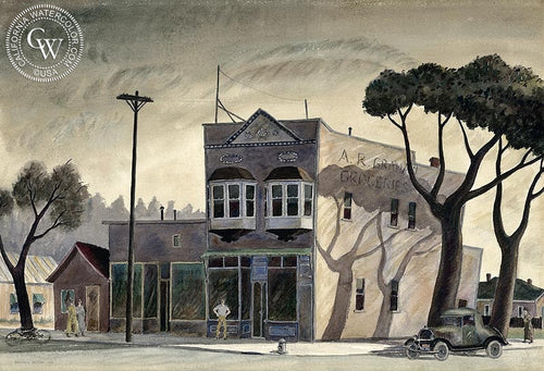 A.R. Graham Groceries, c. 1930s, watercolor painting by Reginald Johnson  (American art). Fine art giclée print reproduction by California Watercolor for wall decor.