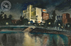 A View of Park Plaza Hotel from MacArthur Park, c. 1930's, California art by Retta Scott. HD giclee art prints for sale at CaliforniaWatercolor.com - original California paintings, & premium giclee prints for sale