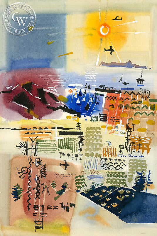 Orange County, 1968, watercolor painting by Rex Brandt  (American art). Fine art giclée print reproduction by California Watercolor for wall decor.