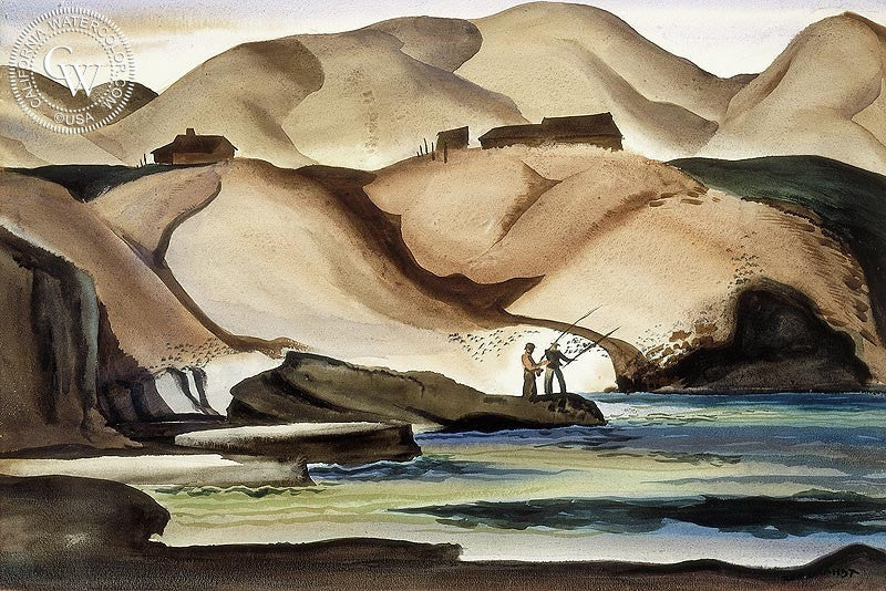 California Coast, 1936, watercolor painting by Rex Brandt  (American art). Fine art giclée print reproduction by California Watercolor for wall decor.