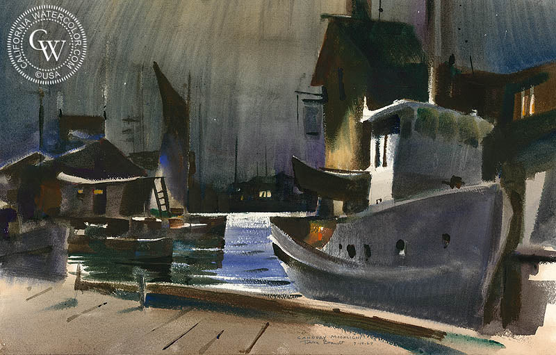Cannery Moonlight, Newport, 1967, watercolor painting by Rex Brandt  (American art). Fine art giclée print reproduction by California Watercolor for wall decor.