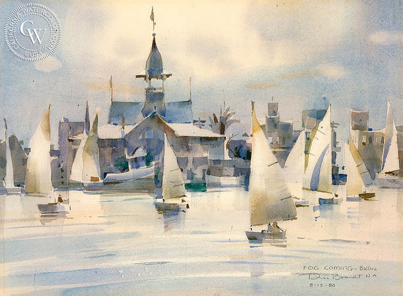 Fog Coming, Balboa, watercolor painting by Rex Brandt  (American art). Fine art giclée print reproduction by California Watercolor for wall decor.