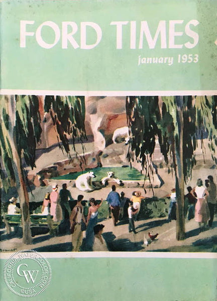 Ford Times Magazine, January, 1953, Rex Brandt front cover watercolor, Grizzly Grotto in F Canyon at the Zoo in San Diego, Californiawatercolor.com