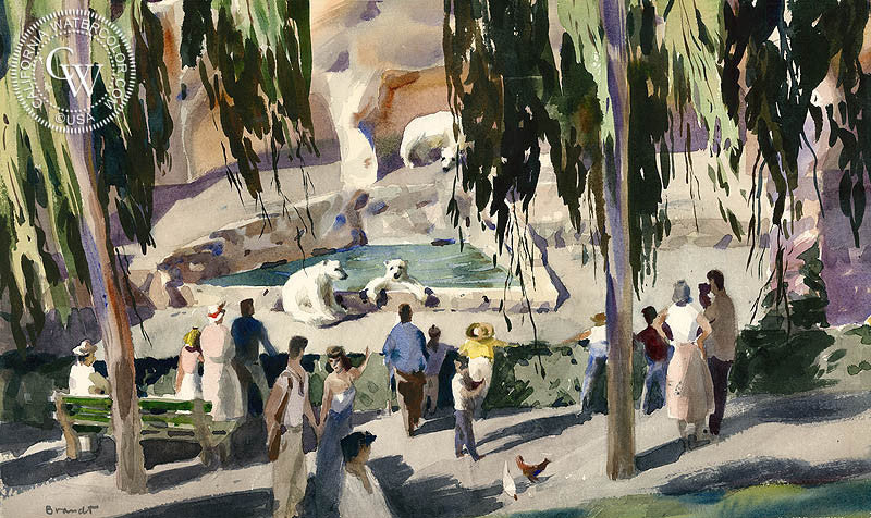 Bear Grotto in F Canyon at the Zoo in San Diego, 1953, watercolor painting by Rex Brandt  (American art). Fine art giclée print reproduction by California Watercolor for wall decor.