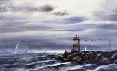 Newport Jetty, California art by Rex Brandt. HD giclee art prints for sale at CaliforniaWatercolor.com - original California paintings, & premium giclee prints for sale