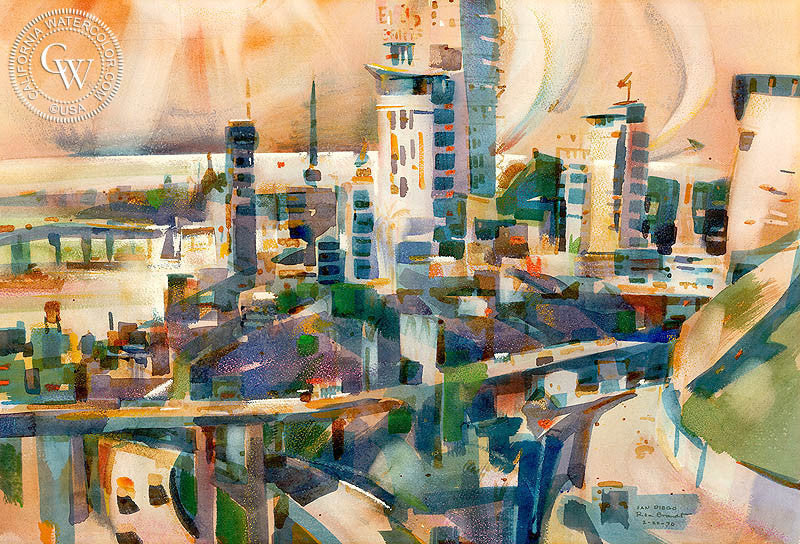 San Diego, 1970, watercolor painting by Rex Brandt  (American art). Fine art giclée print reproduction by California Watercolor for wall decor.